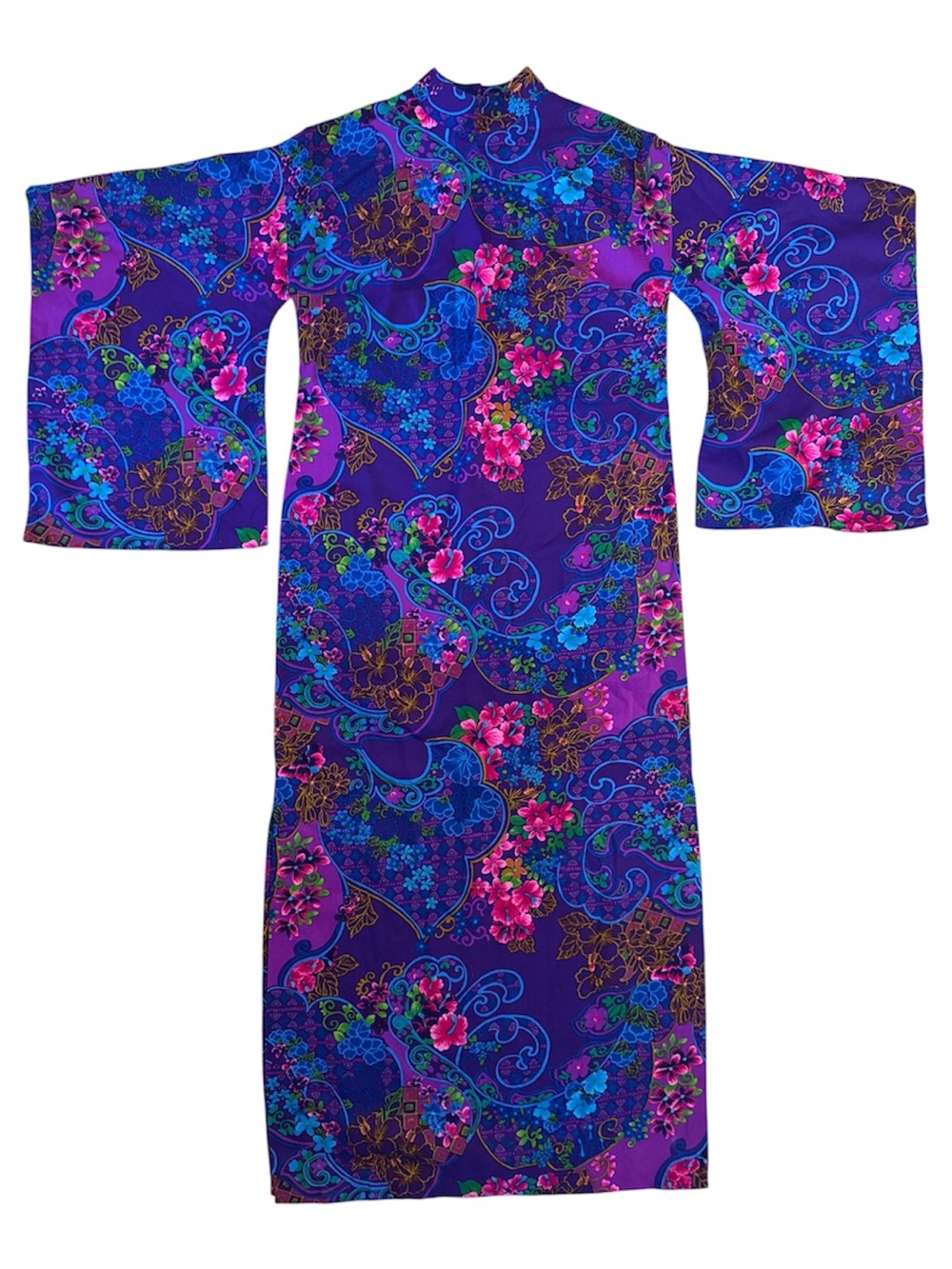 Waltah Clarke’s 1960 vintage barkcloth psychedelic dopamine Hawaiian maxi dress